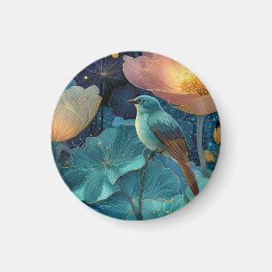 Blauwe Vogel op Glanzende Bloemen Magneet