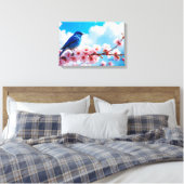 Blauwe Vogel op Kersenbloesemtak Canvas Afdruk (Insitu (Slaapkamer))