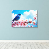 Blauwe Vogel op Kersenbloesemtak Canvas Afdruk (Insitu (Houten vloer))