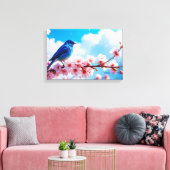 Blauwe Vogel op Kersenbloesemtak Canvas Afdruk (Insitu (Woonkamer))