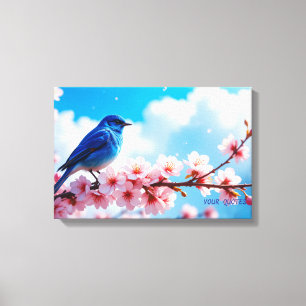 Blauwe Vogel op Kersenbloesemtak Canvas Afdruk