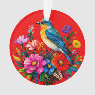 Blauwe Vogel op Kleurrijke Lente Bloemen Ornament