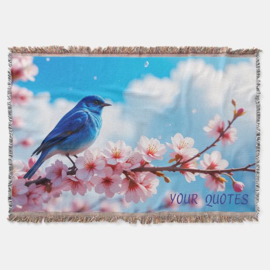 Blauwe Vogel op Tak van Kersenbloesem Deken (Voorkant)