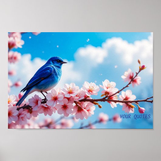 Blauwe Vogel op Tak van Kersenbloesem Poster (Voorkant)