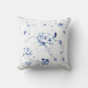Blauwe Vogel Roos Chinoiserie Bloem Kussen