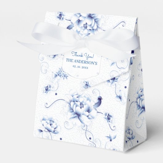 Blauwe Vogel Roos Chinoiserie Bloemig Bedankdoosjes (Voorkant Zijde)