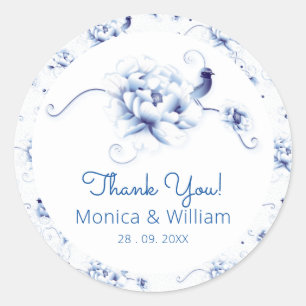 Blauwe Vogel Roos Chinoiserie Bloemig Ronde Sticker
