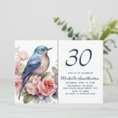 Blauwe Vogel Roze Bloemen 30e Verjaardag Kaart (Staand voorkant)