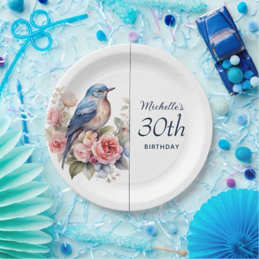 Blauwe Vogel Roze Bloemen 30e Verjaardag Papieren Bordje (Feest)