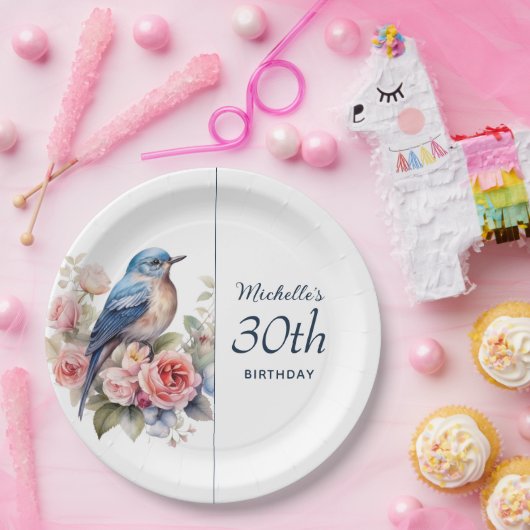 Blauwe Vogel Roze Bloemen 30e Verjaardag Papieren Bordje (Feest)