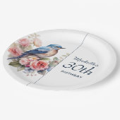 Blauwe Vogel Roze Bloemen 30e Verjaardag Papieren Bordje (Gekanteld)