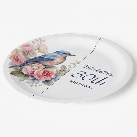 Blauwe Vogel Roze Bloemen 30e Verjaardag Papieren Bordje (Gekanteld)