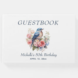 Blauwe Vogel Roze Bloemen 50ste Verjaardag Gastenboek