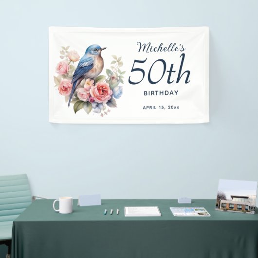 Blauwe Vogel Roze Bloemen 50ste Verjaardag Spandoek (Beurs)