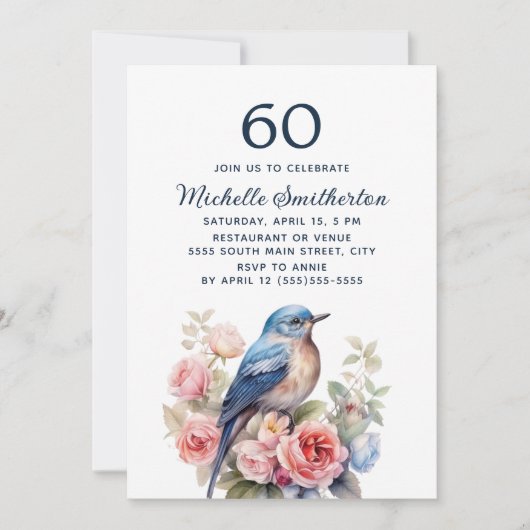 Blauwe Vogel Roze Bloemen 60e Verjaardag Kaart (Voorkant)