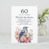 Blauwe Vogel Roze Bloemen 60e Verjaardag Kaart (Staand voorkant)