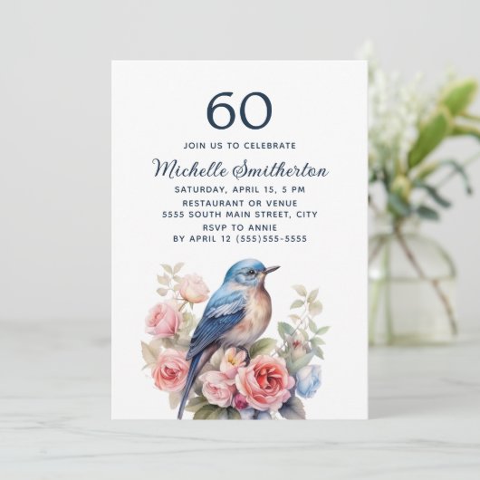 Blauwe Vogel Roze Bloemen 60e Verjaardag Kaart (Staand voorkant)