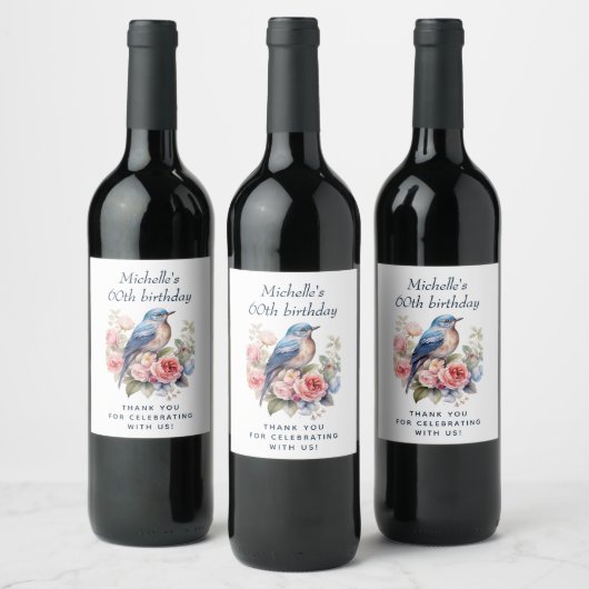 Blauwe Vogel Roze Bloemen 60e Verjaardag Wijn Etiket (Flessen)