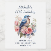 Blauwe Vogel Roze Bloemen 60e Verjaardag Wijn Etiket (Enkel label)