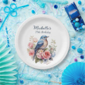 Blauwe Vogel Roze Bloemen 75e Verjaardag Papieren Bordje (Feest)