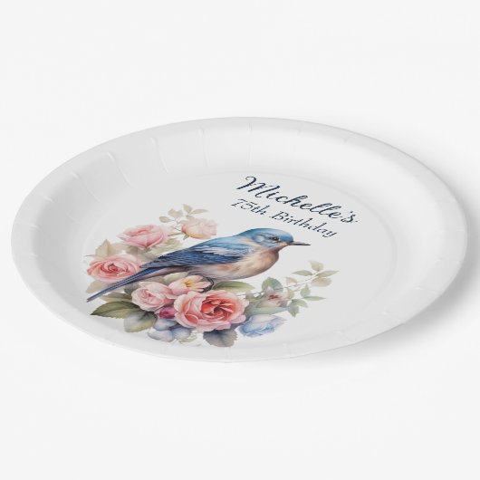 Blauwe Vogel Roze Bloemen 75e Verjaardag Papieren Bordje (Gekanteld)