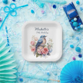 Blauwe Vogel Roze Bloemen 75e Verjaardag Papieren Bordje (Feest)