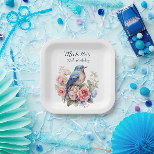 Blauwe Vogel Roze Bloemen 75e Verjaardag Papieren Bordje (Feest)