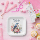 Blauwe Vogel Roze Bloemen 75e Verjaardag Papieren Bordje (Feest)