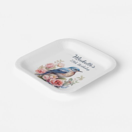 Blauwe Vogel Roze Bloemen 75e Verjaardag Papieren Bordje (Gebogen)