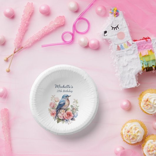 Blauwe Vogel Roze Bloemen 75e Verjaardag Papieren Kommen (Feest)