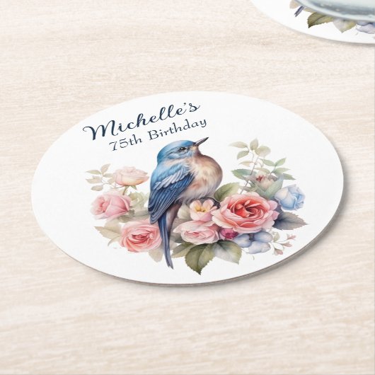 Blauwe Vogel Roze Bloemen 75e Verjaardag Ronde Kartonnen Onderzetter (Gebogen)