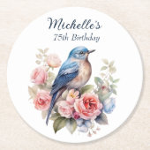 Blauwe Vogel Roze Bloemen 75e Verjaardag Ronde Kartonnen Onderzetter (Voorkant)