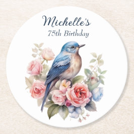 Blauwe Vogel Roze Bloemen 75e Verjaardag Ronde Kartonnen Onderzetter