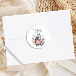 Blauwe Vogel Roze Bloemen 75ste Verjaardag Ronde Sticker