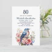 Blauwe Vogel Roze Bloemen 80e Verjaardag Kaart (Staand voorkant)