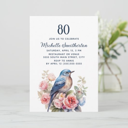 Blauwe Vogel Roze Bloemen 80e Verjaardag Kaart (Staand voorkant)
