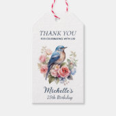 Blauwe vogel roze bloemen dank u cadeaulabel (Voorkant)