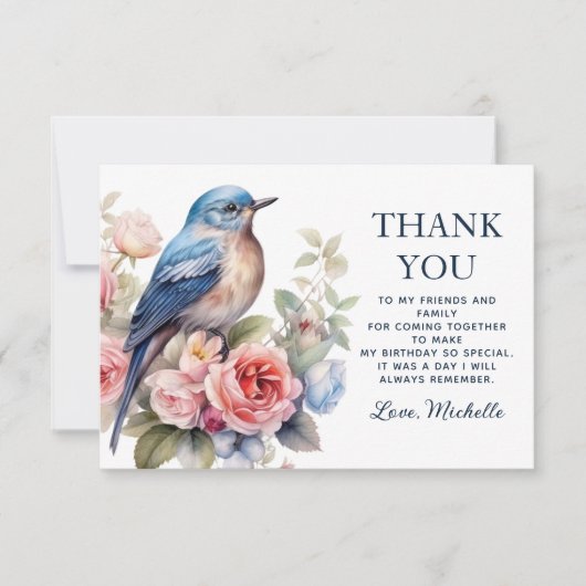 Blauwe Vogel Roze Bloemen Verjaardag Dank u Bedankkaart (Voorkant)