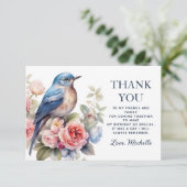 Blauwe Vogel Roze Bloemen Verjaardag Dank u Bedankkaart (Staand voorkant)