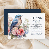 Blauwe Vogel Roze Bloemen Verjaardag Dank u Bedankkaart