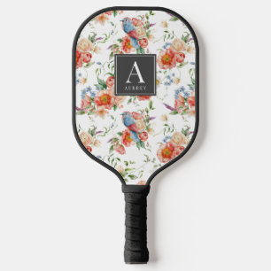 Blauwe vogel & roze bloemenpatroon pickleball paddle