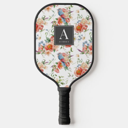 Blauwe vogel & roze bloemenpatroon pickleball paddle (Voorkant)