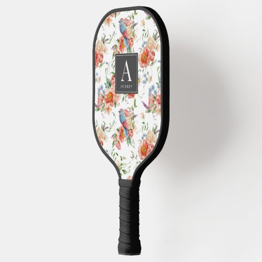 Blauwe vogel & roze bloemenpatroon pickleball paddle (Links)