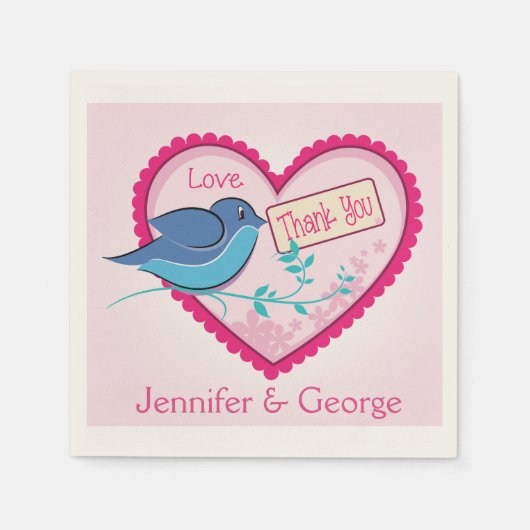 Blauwe Vogel Roze Dank u Bloemen Hart Servetten (Voorkant)