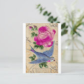 Blauwe Vogel Roze Roos Briefkaart (Staand voorkant)