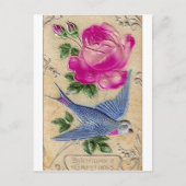 Blauwe Vogel Roze Roos Briefkaart (Voorkant)