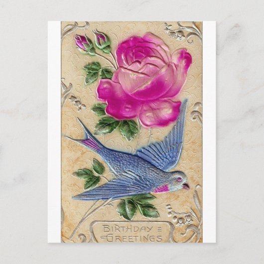 Blauwe Vogel Roze Roos Briefkaart (Voorkant)