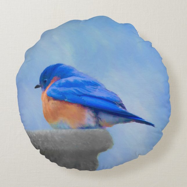 Blauwe Vogel Schilderij - Originele Vogel Kunst Rond Kussen (Achterkant)