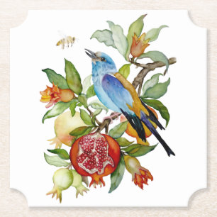 Blauwe Vogel Tussen Granaatappels Waterverf Botani Kartonnen Onderzetters