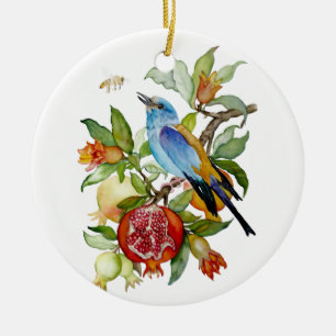 Blauwe Vogel Tussen Granaatappels Waterverf Botani Keramisch Ornament